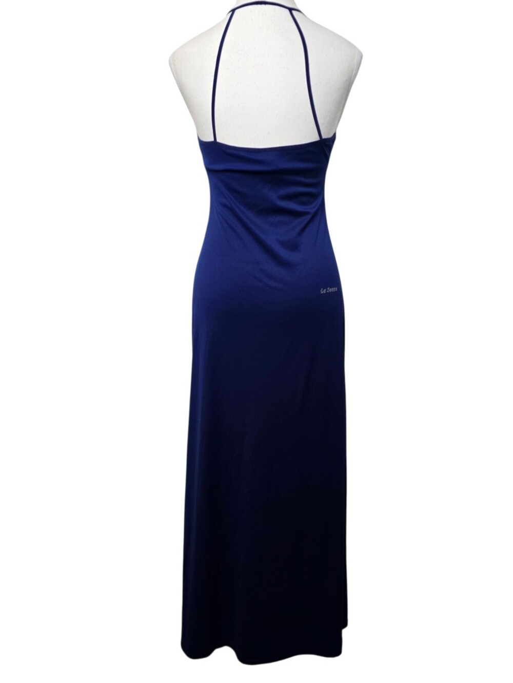 Vintage La Senza Blue Halter Maxi Dress Side Slit V-Neck Size M Romantic Chic - Picture 3 of 9